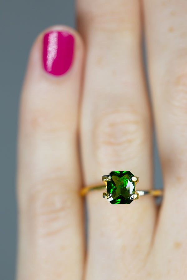 1.54Ct Vivid Emerald Green Kenyan Tsavorite | Emerald Shape on ring finger