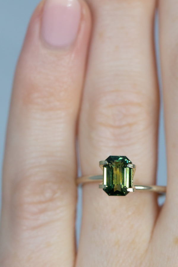 2.09Ct Green Yellow Madagascan Sapphire | Emerald Shape on finger