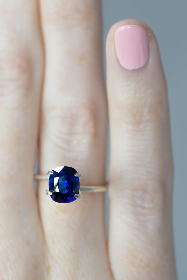 3Ct Royal Blue Ceylon Sapphire | Cushion Shape on finger