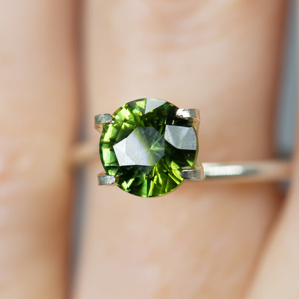 2.58Ct Deep Leaf Green Ceylon Sapphire | Round Shape on finger