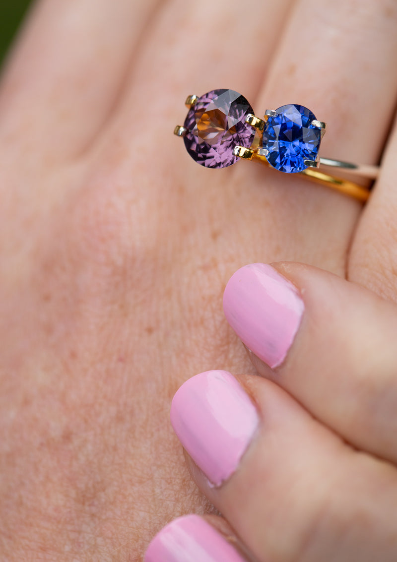 Natural, rare 3.36Ct Lavender Spinel | Round Shape and Cornflower blue sapphire on finger