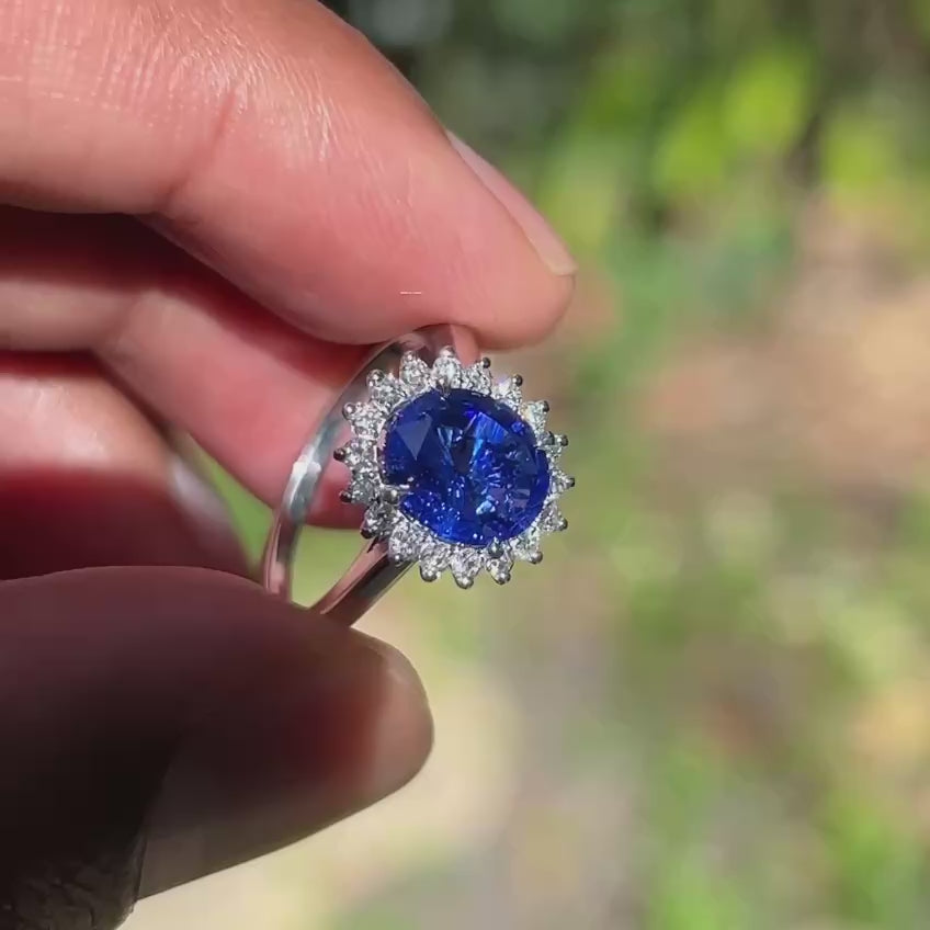 Princess Ring - Vivid Royal Blue 2.6Ct Ceylon Sapphire & Diamonds - closeup video
