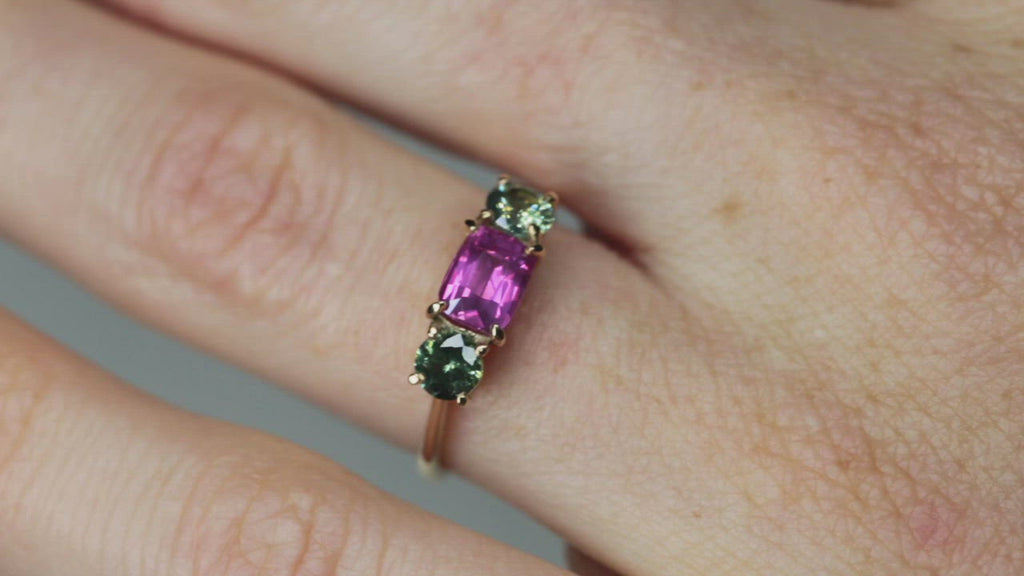 Video of Vivid Pink & Forest Green Teal Sapphires Ring
