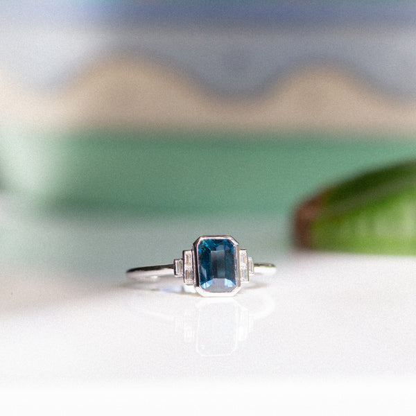 Daintree | Art Deco - Blue Teal Sapphire & Baguette Diamonds Ring