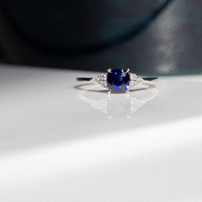 Indian Ocean | Ocean Scintillations - Royal Blue Cushion Ceylon Sapphire & Diamonds Ring