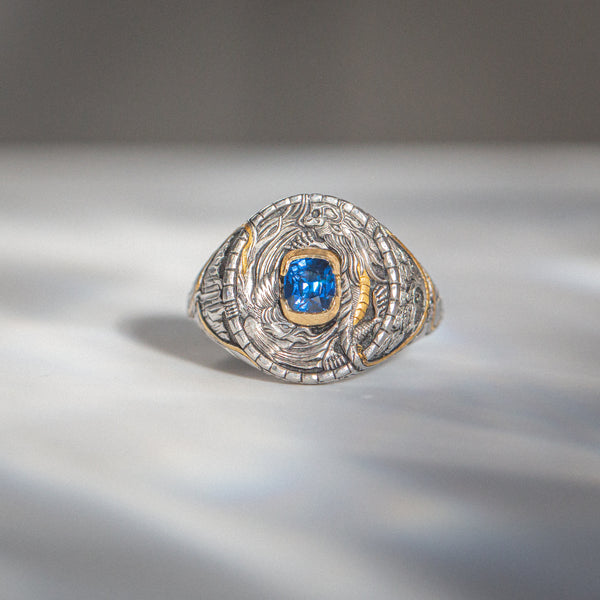 One of one | "Invictus" | Hand sculpted Platinum Signet | Electric Peacock Blue Cobalt Spinel Front View 1