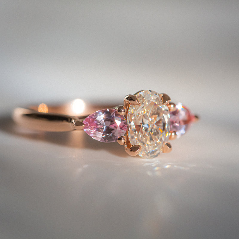 Kimberley | 'Grace of Sakura' | Natural GIA Certified I,VVS1,EX Diamond & Pastel Pink Sapphires Ring closeup