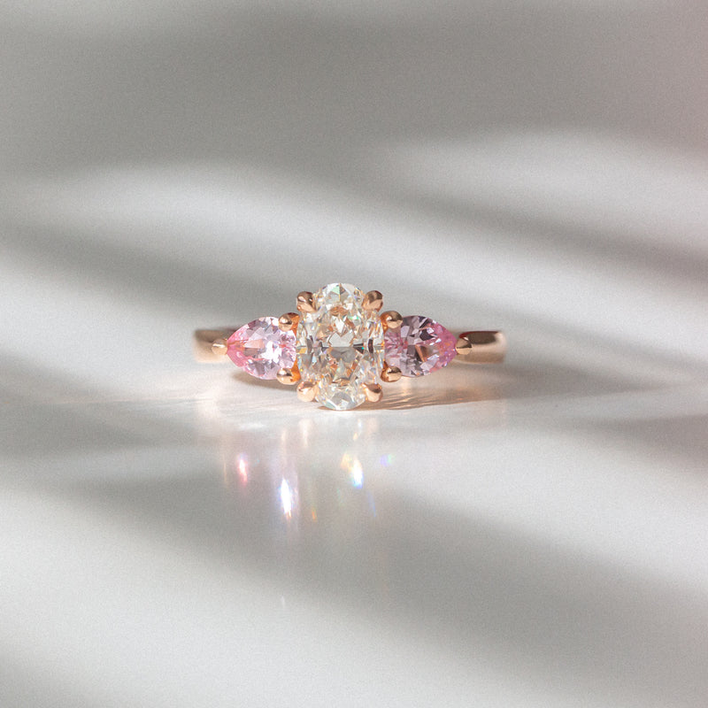 Kimberley | 'Grace of Sakura' | Natural GIA Certified I,VVS1,EX Diamond & Pastel Pink Sapphires Ring sunlight view