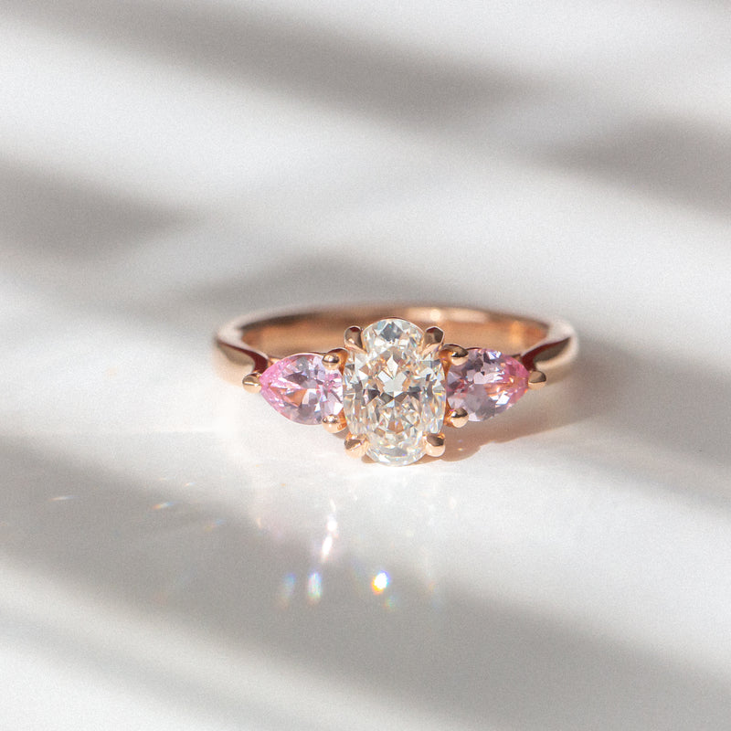 Kimberley | 'Grace of Sakura' | Natural GIA Certified I,VVS1,EX Diamond & Pastel Pink Sapphires Ring sunlight reflections