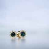 Daintree | Halo Earrings - Teal Sapphires & Lab Diamonds Front Close View