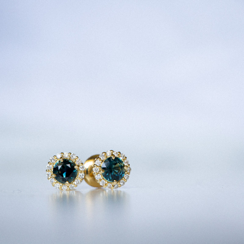 Daintree | Halo Earrings - Teal Sapphires & Lab Diamonds Front Close View