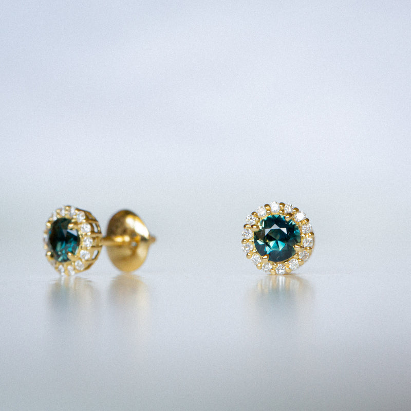 Daintree | Halo Earrings - Teal Sapphires & Lab Diamonds Front View