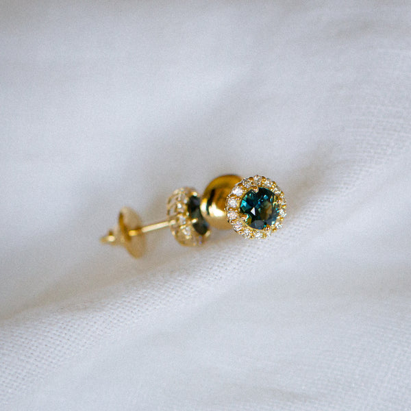 Daintree | Halo Earrings - Teal Sapphires & Lab Diamonds Side View