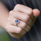 Indian Ocean | Royal Blue Halo - Royal Blue Sapphire & Diamonds Ring on hand
