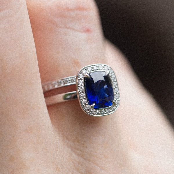 Indian Ocean | Royal Blue Halo - Royal Blue Sapphire & Diamonds Ring front view