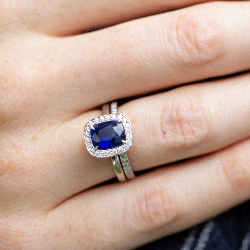Indian Ocean | Royal Blue Halo - Royal Blue Sapphire & Diamonds Ring on hand