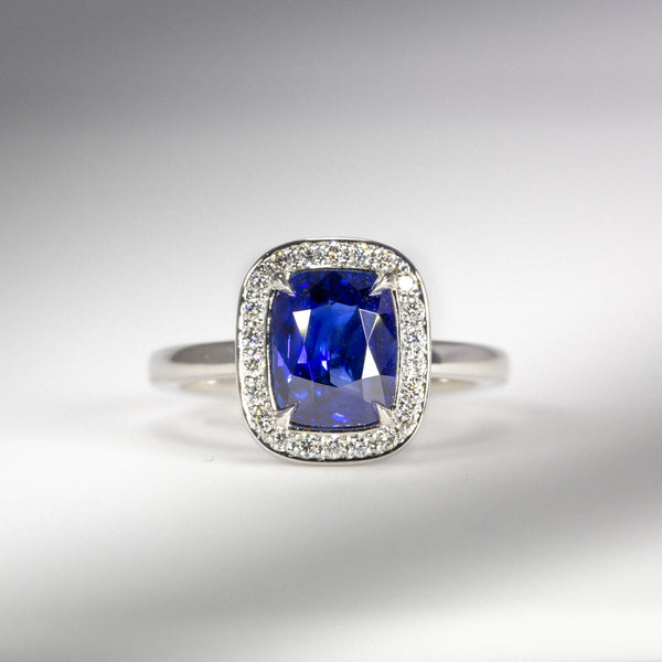 Indian Ocean | Royal Blue Halo - Royal Blue Sapphire & Diamonds Ring front view