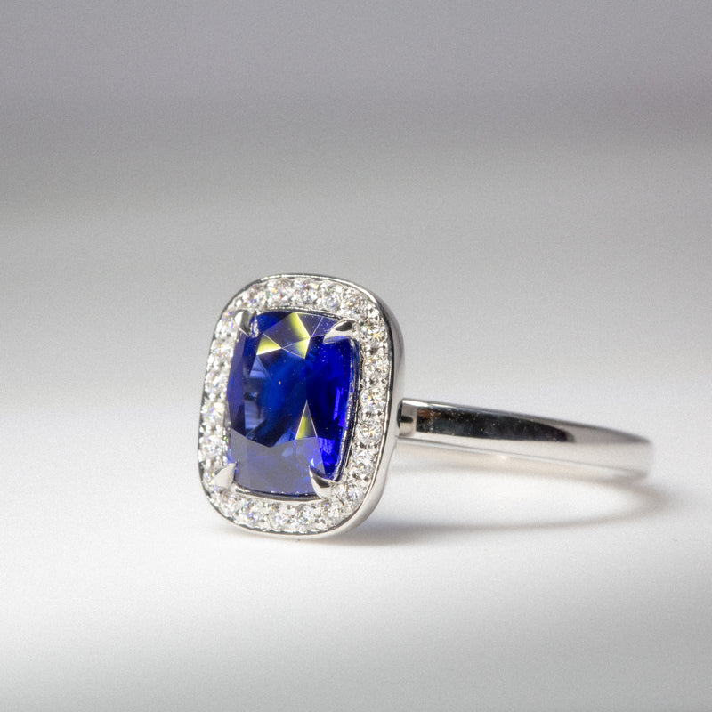 Indian Ocean | Royal Blue Halo - Royal Blue Sapphire & Diamonds Ring side view