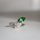 Daintree | Flutter | Toi et Moi - Natural GIA Diamond & Vivid Emerald Green Tsavorite Ring front view