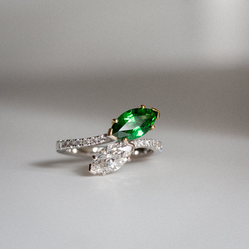 Daintree | Flutter | Toi et Moi - Natural GIA Diamond & Vivid Emerald Green Tsavorite Ring front view