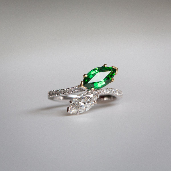 Daintree | Flutter | Toi et Moi - Natural GIA Diamond & Vivid Emerald Green Tsavorite Ring front view