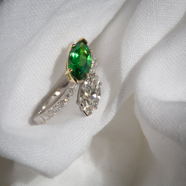 Daintree | Flutter | Toi et Moi - Natural GIA Diamond & Vivid Emerald Green Tsavorite Ring bottom up view