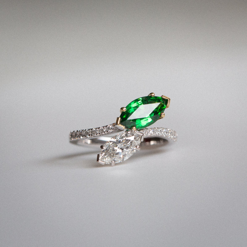Daintree | Flutter | Toi et Moi - Natural GIA Diamond & Vivid Emerald Green Tsavorite Ring front view