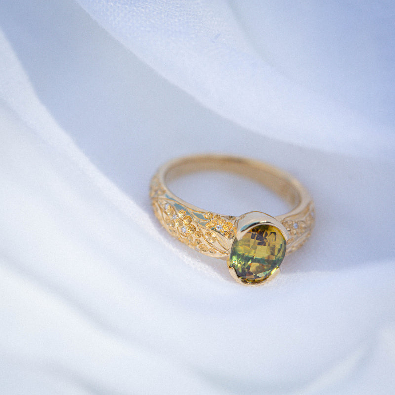 Daintree | "Komorebi - Golden Wattle" | One of One | Hand Engraved Australian Sapphire Ring angled top down view