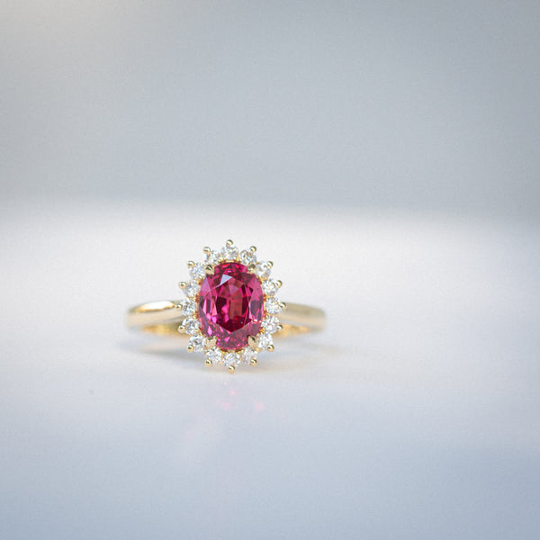 Kimberley | Wildflower - Reddish Pink Burmese Spinel & Diamonds Halo Ring front view