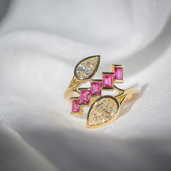 Kimberley | "Cascade" | Natural Diamonds & Ruby Ring front view