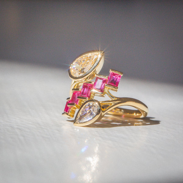 Kimberley | "Cascade" | Natural Diamonds & Ruby Ring side view 2
