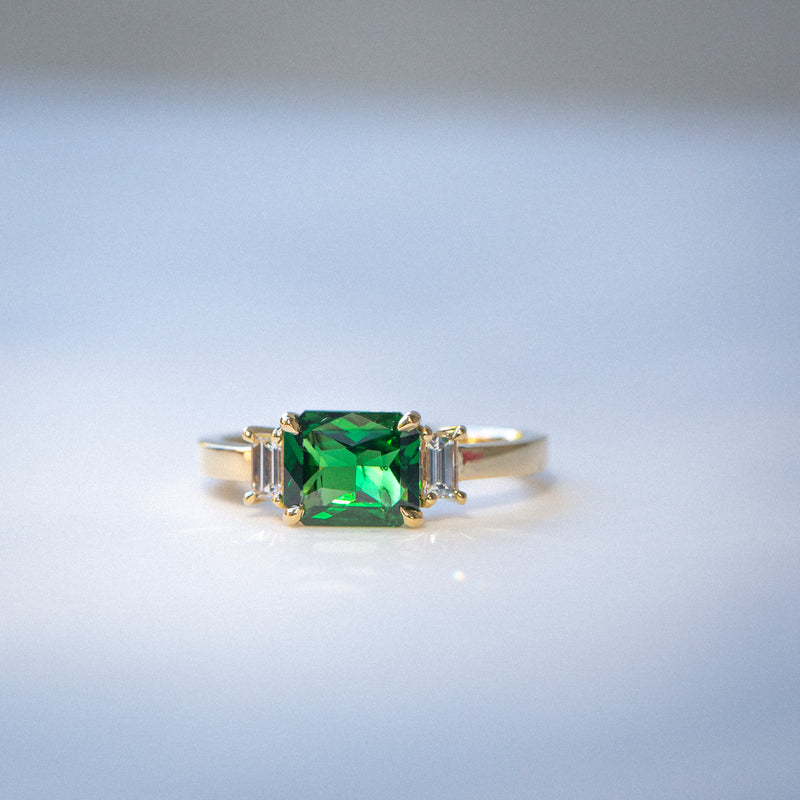 Daintree | Lush Kijani Green Tsavorite & Diamonds Art Deco Ring closeup