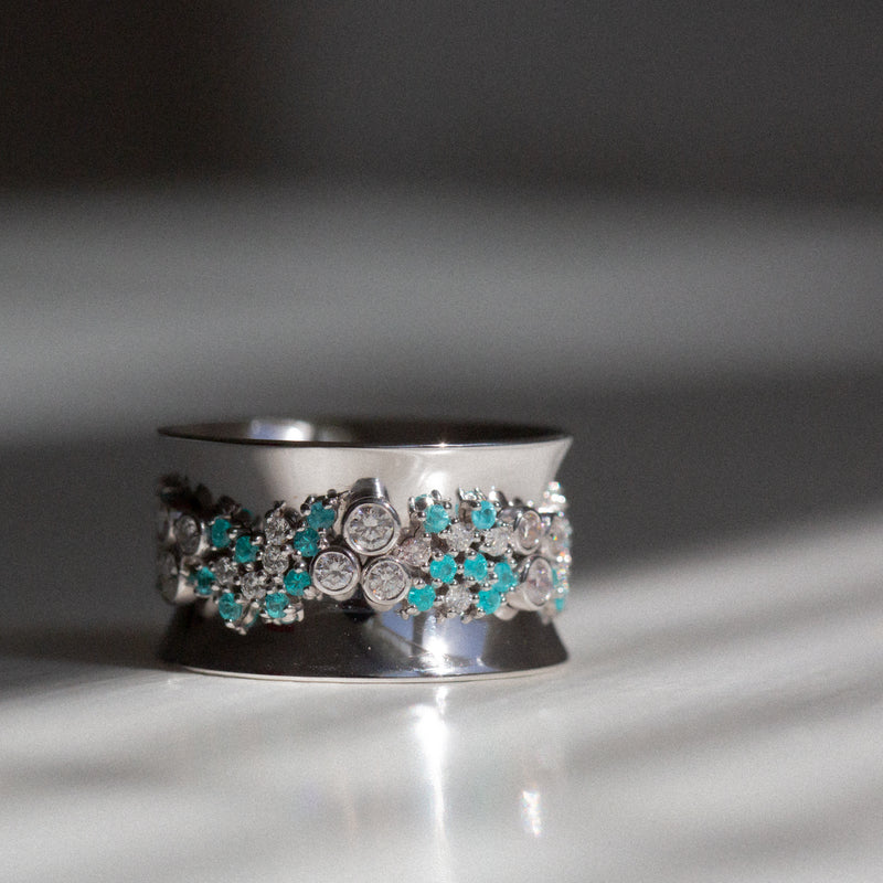 Indian Ocean | Paraiba Cluster - Neon Blue Paraiba Tourmaline & Diamonds Eternity Ring closeup