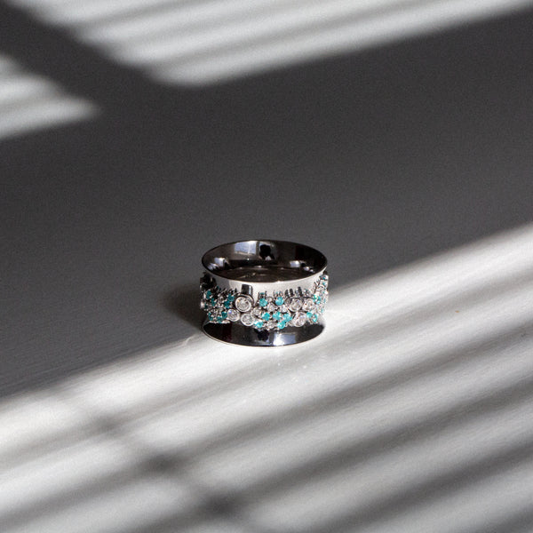 Indian Ocean | Paraiba Cluster - Neon Blue Paraiba Tourmaline & Diamonds Eternity Ring side view