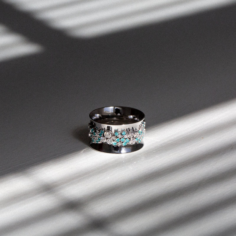 Indian Ocean | Paraiba Cluster - Neon Blue Paraiba Tourmaline & Diamonds Eternity Ring side view