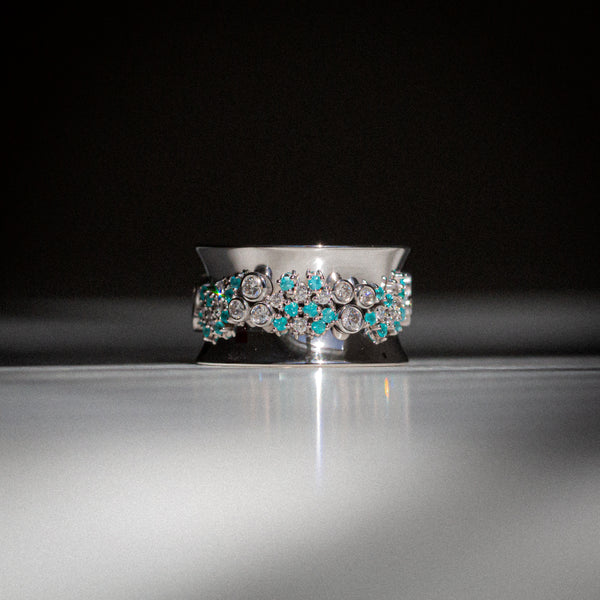 Indian Ocean | Paraiba Cluster - Neon Blue Paraiba Tourmaline & Diamonds Eternity Ring closeup