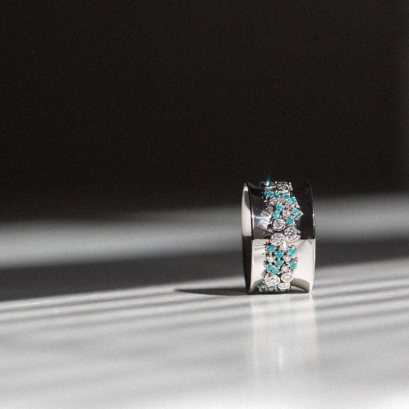 Indian Ocean | Paraiba Cluster - Neon Blue Paraiba Tourmaline & Diamonds Eternity Ring standing on the side