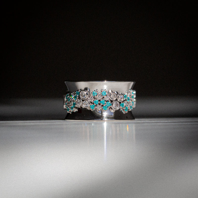 Indian Ocean | Paraiba Cluster - Neon Blue Paraiba Tourmaline & Diamonds Eternity Ring closeup