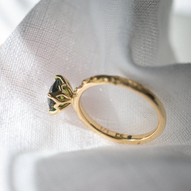 Daintree | "Gum Forest" | One of One | Hand Engraved Green Australian Sapphire Ring bottom up view