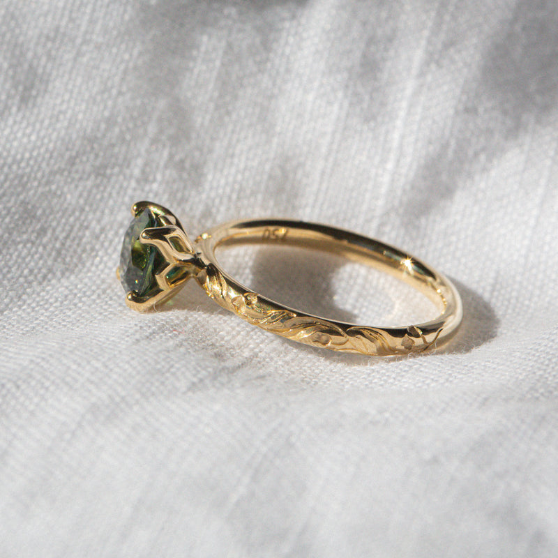 Daintree | "Gum Forest" | One of One | Hand Engraved Green Australian Sapphire Ring side view