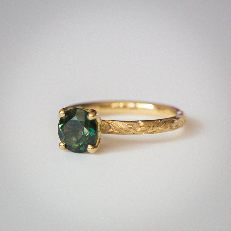 Daintree | "Gum Forest" | One of One | Hand Engraved Green Australian Sapphire Ring front view