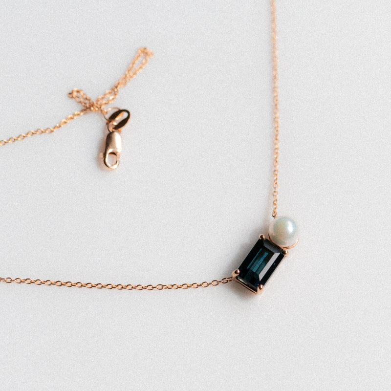 Indian Ocean | God of Small Things - Indicolite Teal Tourmaline & Akoya Pearl top down closeup