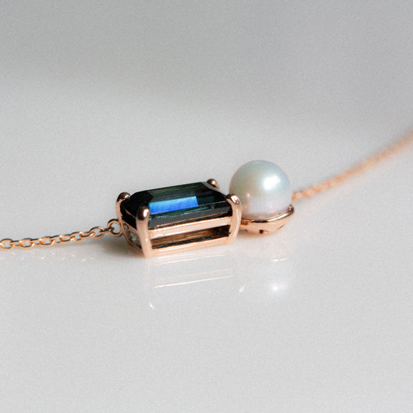 Indian Ocean | God of Small Things - Indicolite Teal Tourmaline & Akoya Pearl side view closeup