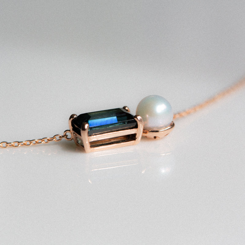 Indian Ocean | God of Small Things - Indicolite Teal Tourmaline & Akoya Pearl side view closeup