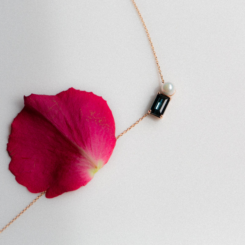 Indian Ocean | God of Small Things - Indicolite Teal Tourmaline & Akoya Pearl with rose petal