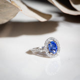 Indian Ocean | Floating Halo - Velvet Blue Sapphire Ring side angled view