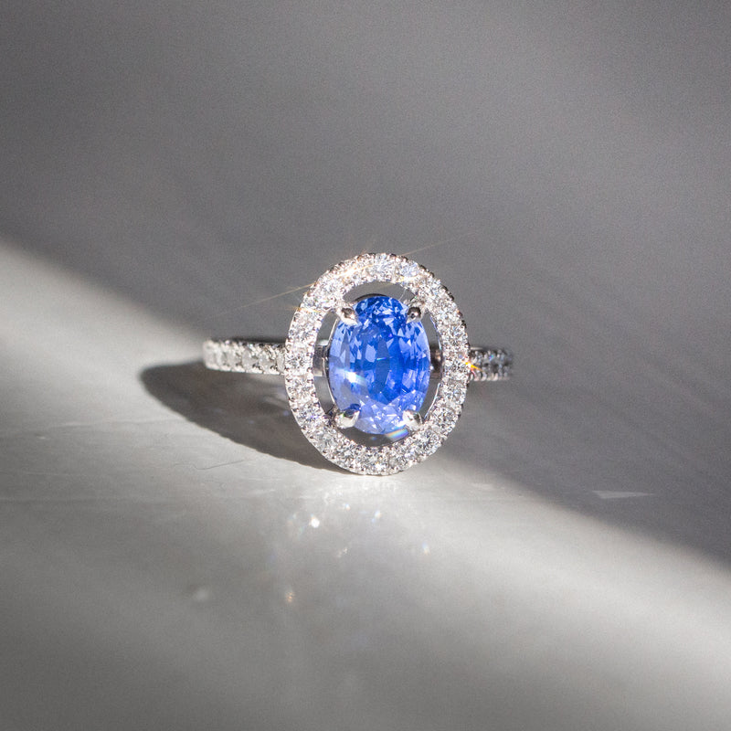 Indian Ocean | Floating Halo - Velvet Blue Sapphire Ring closeup