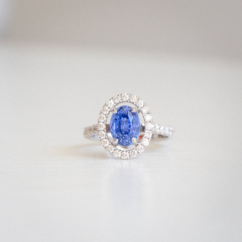 Indian Ocean | Floating Halo - Velvet Blue Sapphire Ring front view