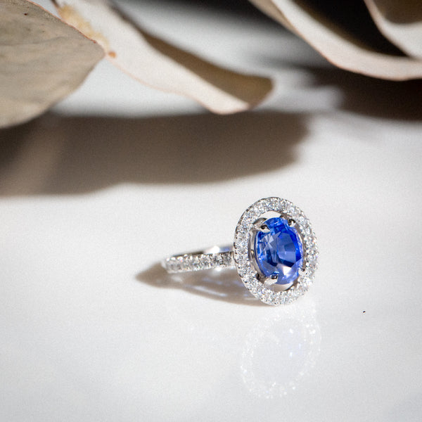 Indian Ocean | Floating Halo - Velvet Blue Sapphire Ring side angled view