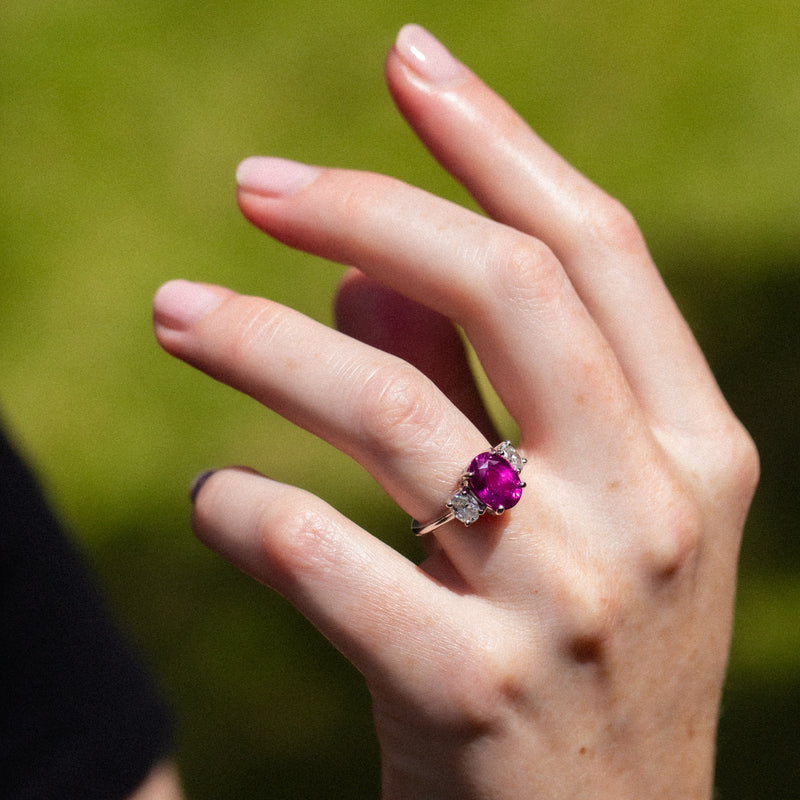Kimberley | Fuchsia Pink Trilogy - Fuchsia Pink Sapphire & Diamonds Ring on hand
